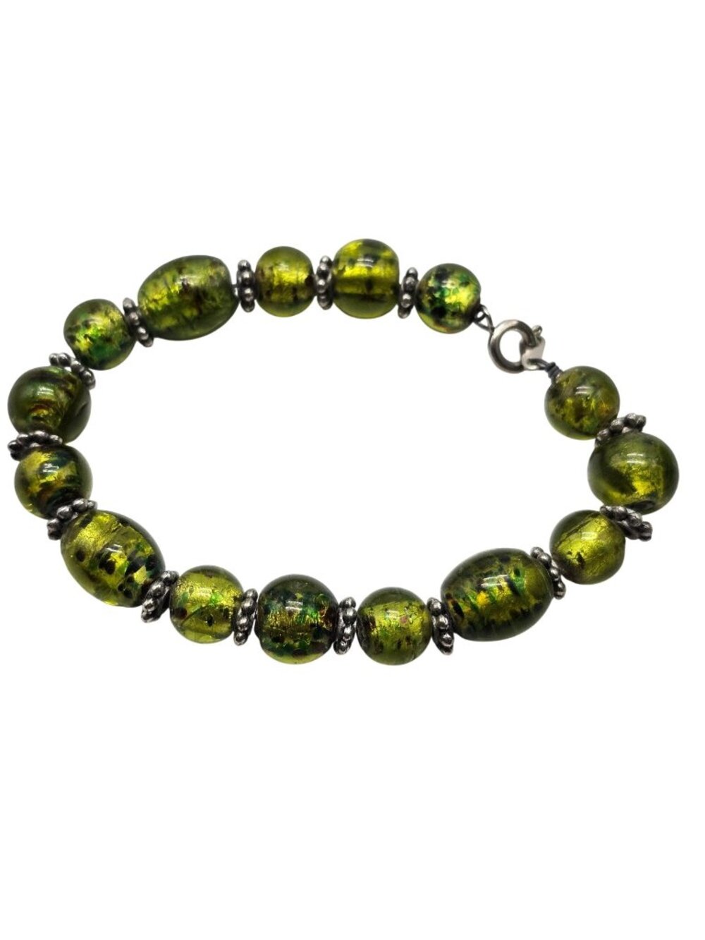 Green Murano Glass Beaded Bracelet With Silver Spacers Lobster Clasp Vintage